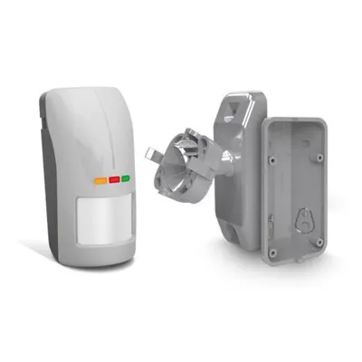 Détecteur de mouvement extérieur à double technologie (gris, IP-54, détecteur de crépuscule, anti-masquage MW, réglage de la sensibilité en option via OPT-1, BRACKET d'angle et BRACKET à rotule inclus)