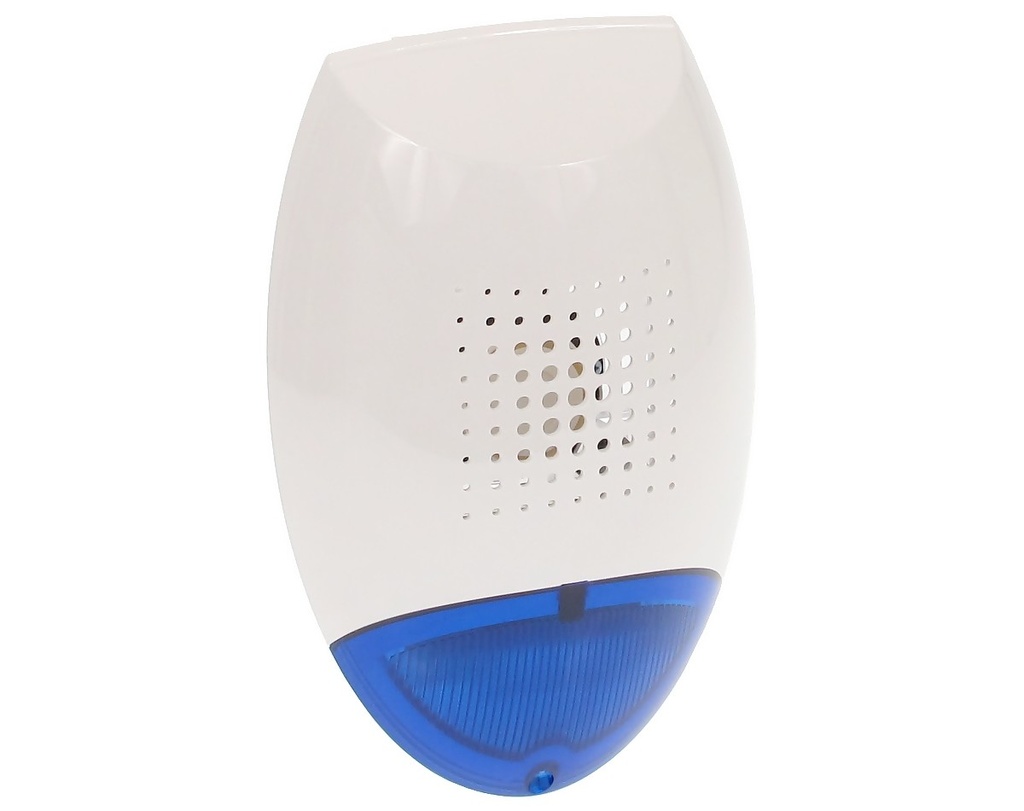 Sirène optique et acoustique extérieure (boîtier PC-LEXAN, bleu, bouclier métallique, signal dynamique, raccordement possible de la batterie de secours 12V / 1,2 Ah)