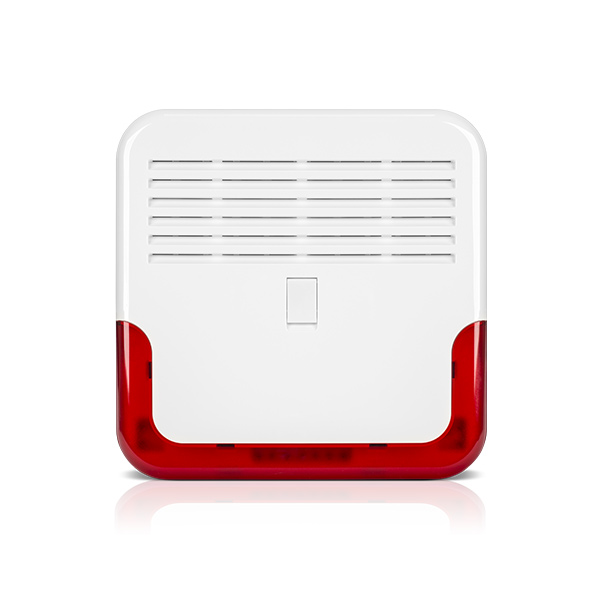 Sirène optique et acoustique extérieure (boîtier PC-LEXAN, rouge, bouclier métallique, signal dynamique, raccordement possible de la batterie de secours 12V / 2,3 Ah)